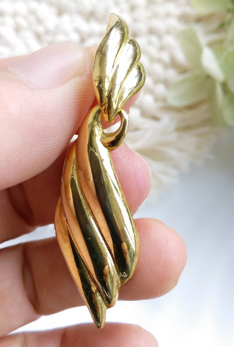 Vintage Jewelry 西洋古董飾品 金色調 對稱 羽毛 針式耳環