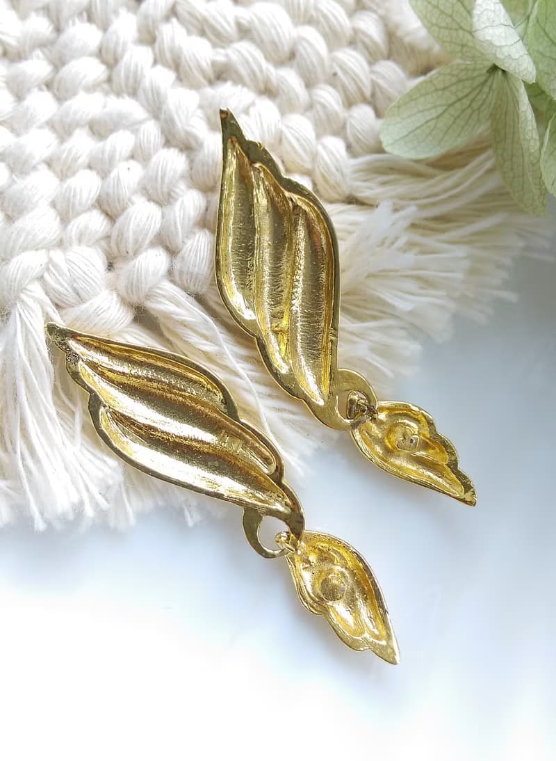 Vintage Jewelry 西洋古董飾品 金色調 對稱 羽毛 針式耳環