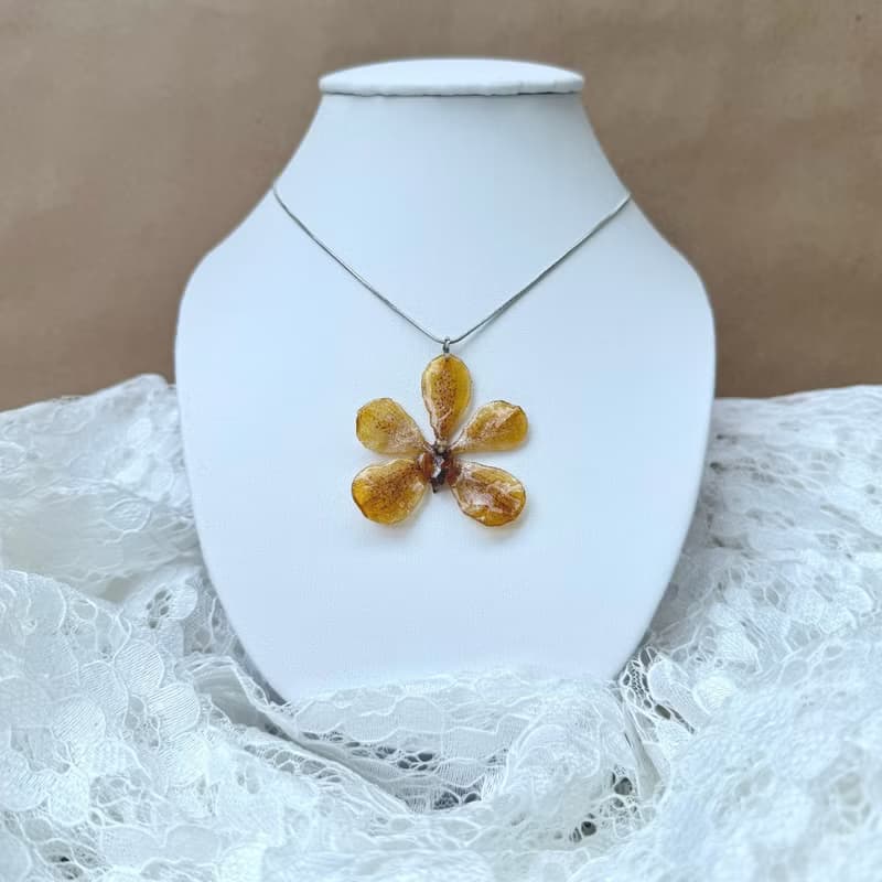 Yellow mokara orchid necklace with silver glitter and chain