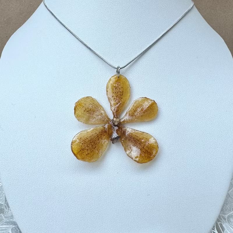 Yellow mokara orchid necklace with silver glitter and chain