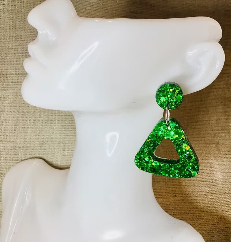 Green glitter jewelry set,resin bangle and long drop earrings