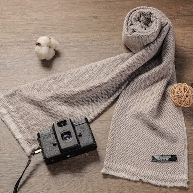 【窄版】喀什米爾羊毛圍巾 淺褐鑽石格紋 脖圍 手工編織 男女可