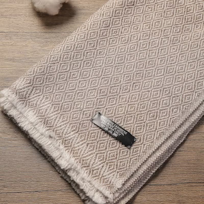 【窄版】喀什米爾羊毛圍巾 淺褐鑽石格紋 脖圍 手工編織 男女可