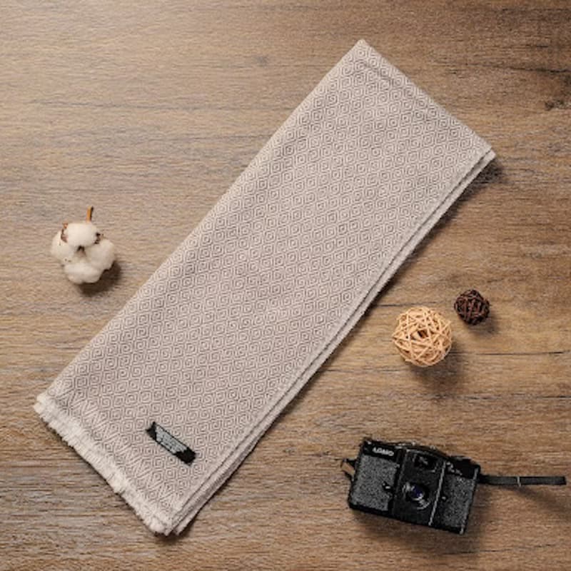 【窄版】喀什米爾羊毛圍巾 淺褐鑽石格紋 脖圍 手工編織 男女可