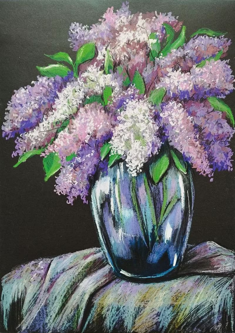 Bouquet of lilacs drawing flowers art painting oil pastel bouquet gift for woman