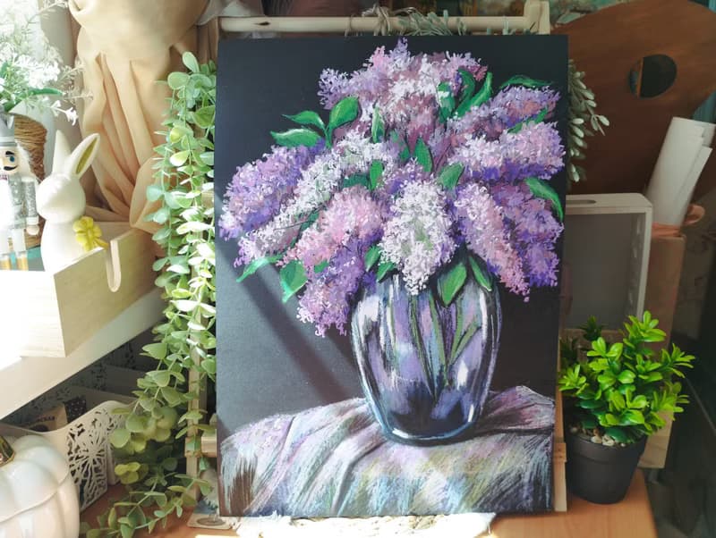 Bouquet of lilacs drawing flowers art painting oil pastel bouquet gift for woman