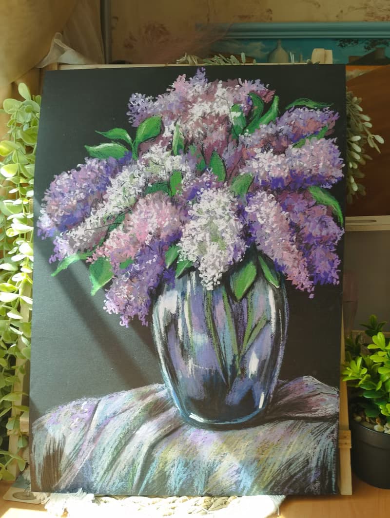 Bouquet of lilacs drawing flowers art painting oil pastel bouquet gift for woman
