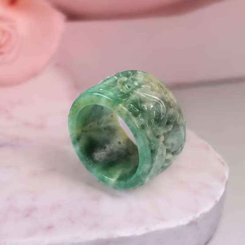 老三彩翡翠雕花扳指 | 天然緬甸A貨翡翠 | 送禮