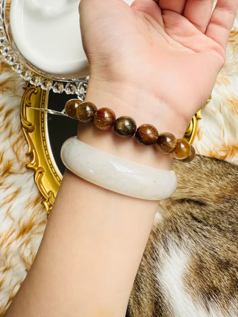 精品大地色拉絲順強光貓眼彩髮晶10.3-10.6mm32.32g正財偏財自信