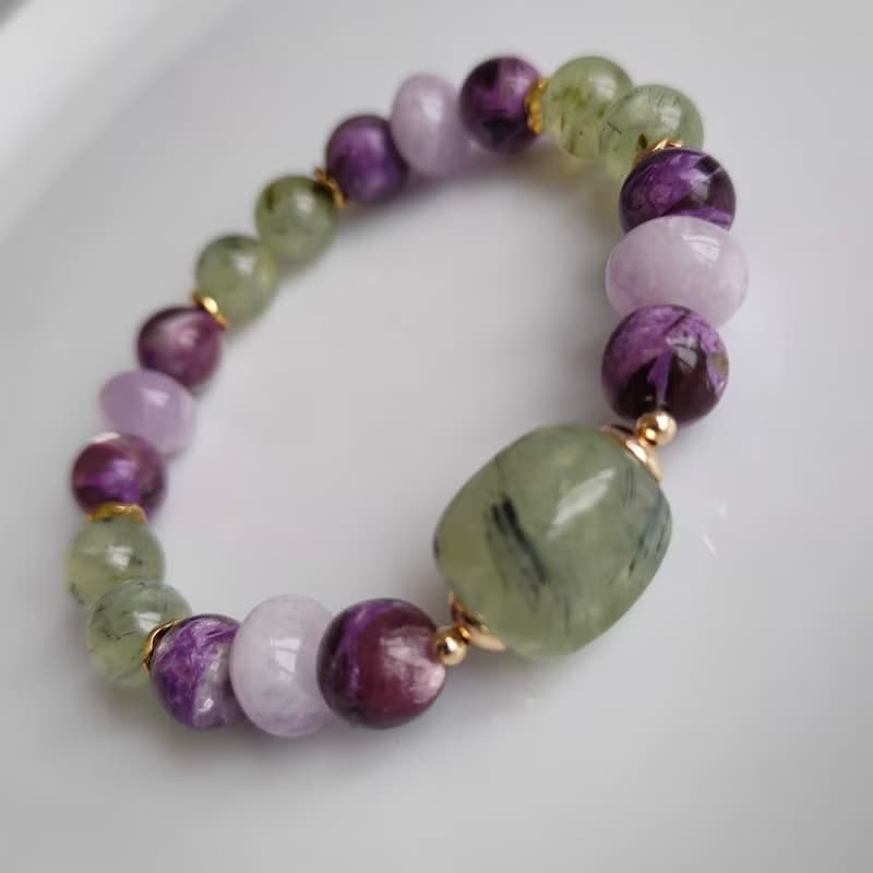 Prehnite, lepidolite, amethyst bracelet. Emotional healing, transformation