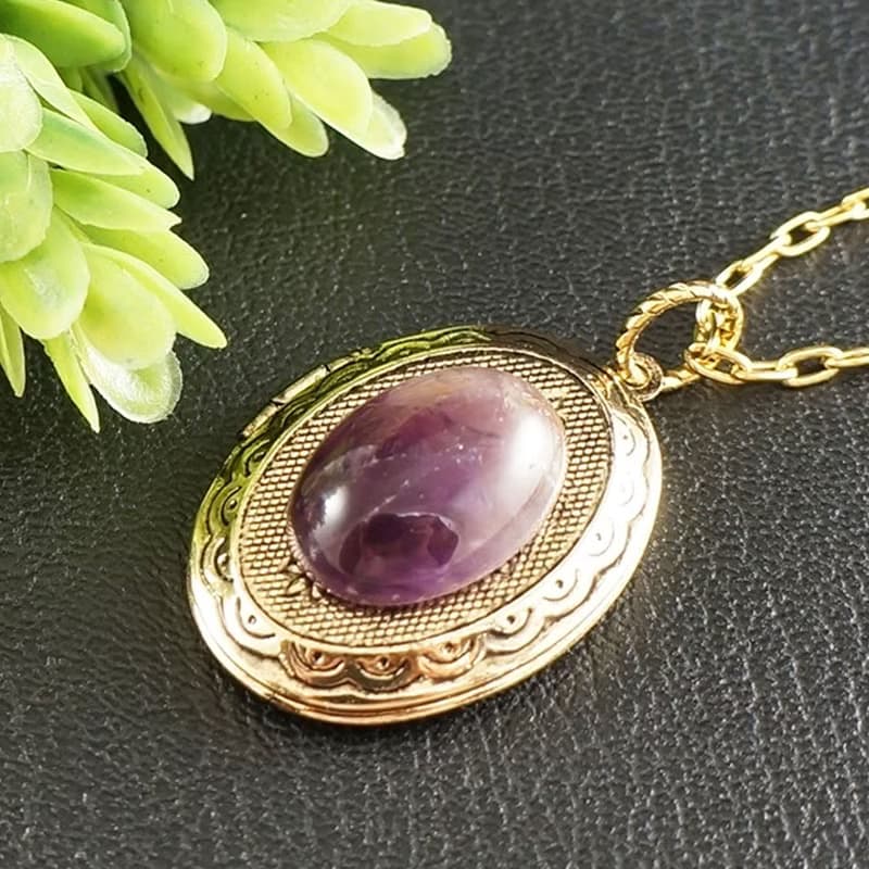 Amethyst Locket Necklace Purple Violet Oval Gold Locket Pendant Necklace Jewelry