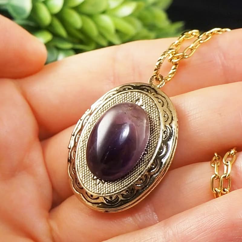 Amethyst Locket Necklace Purple Violet Oval Gold Locket Pendant Necklace Jewelry