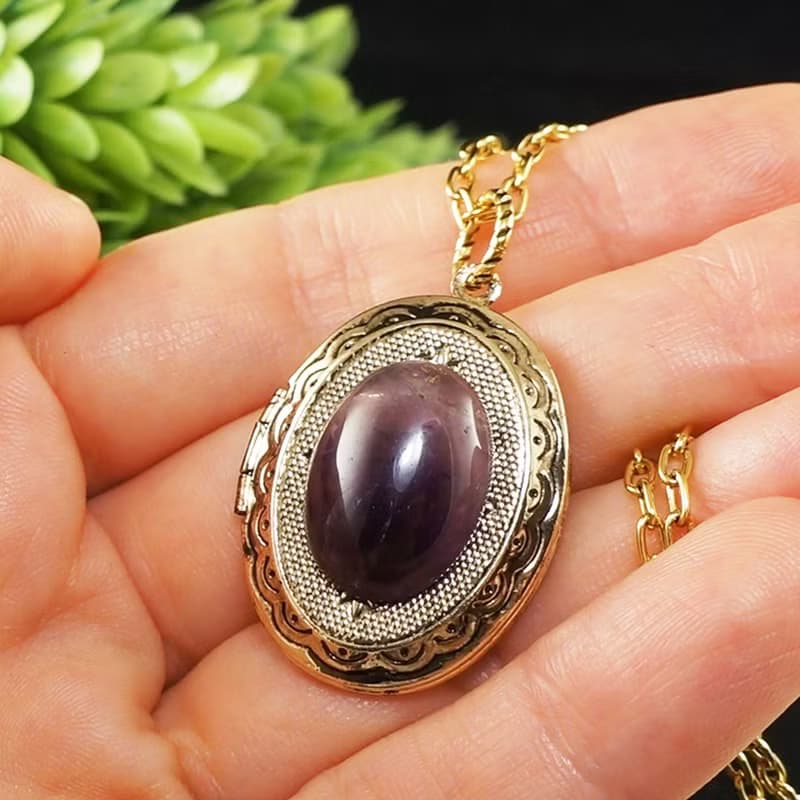 Amethyst Locket Necklace Purple Violet Oval Gold Locket Pendant Necklace Jewelry