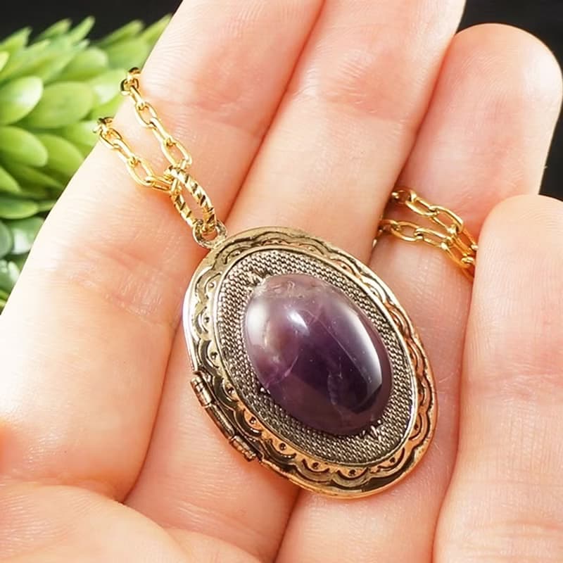 Amethyst Locket Necklace Purple Violet Oval Gold Locket Pendant Necklace Jewelry