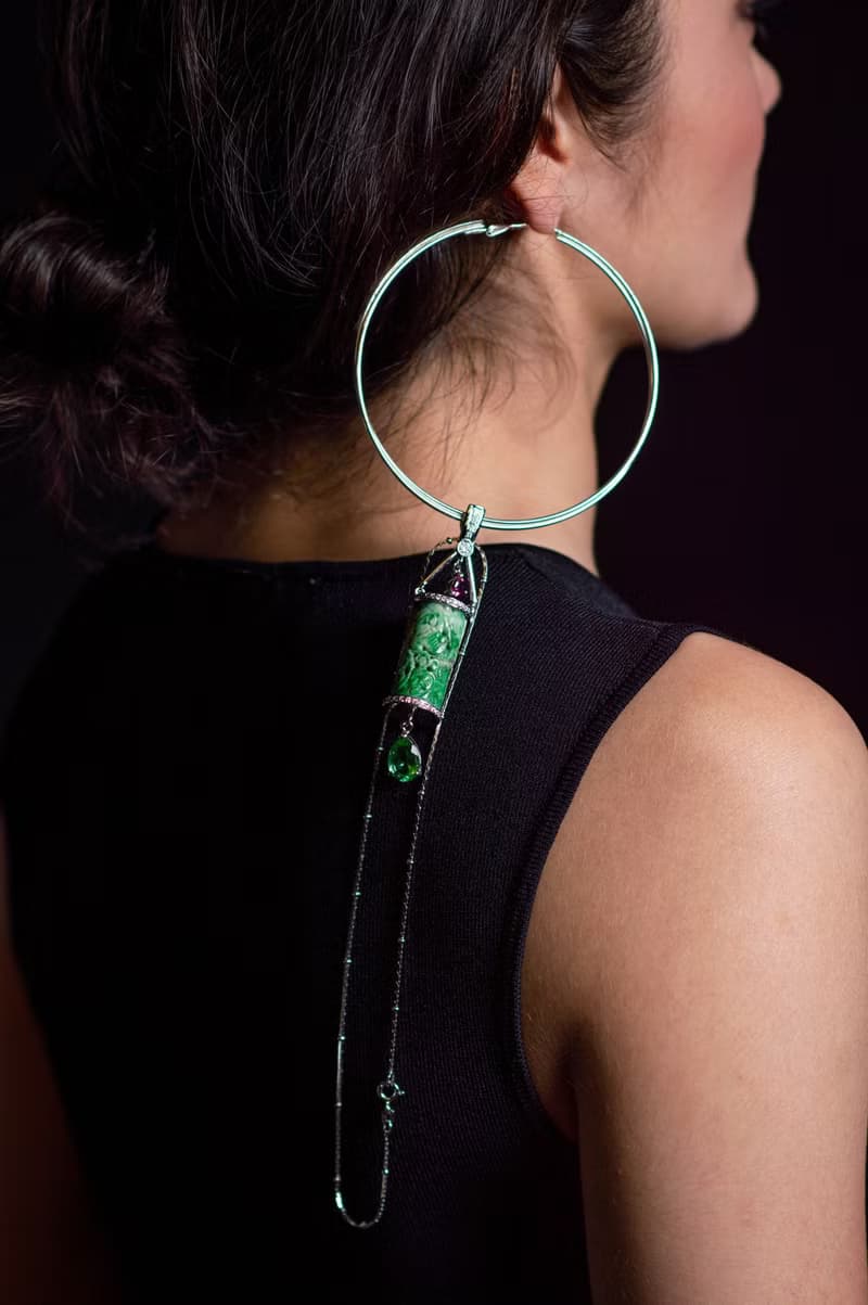 Door knocker Carved Green Jadeite Jade Hoop Earring