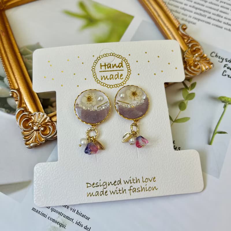 莫蘭迪紫真花耳環-垂墜式/耳針/耳夾/淡水珍珠/捷克珠/14k