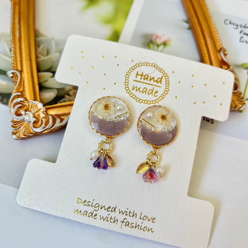 莫蘭迪紫真花耳環-垂墜式/耳針/耳夾/淡水珍珠/捷克珠/14k