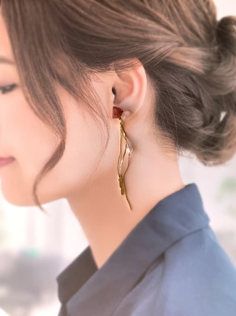 揺れる ジルコニア パール チャーム 天然石 金継ぎ ピアス ノンホールピアス ピンクエピトード ディープローズクォーツ ピンク ゴールド 金 華奢 華やか