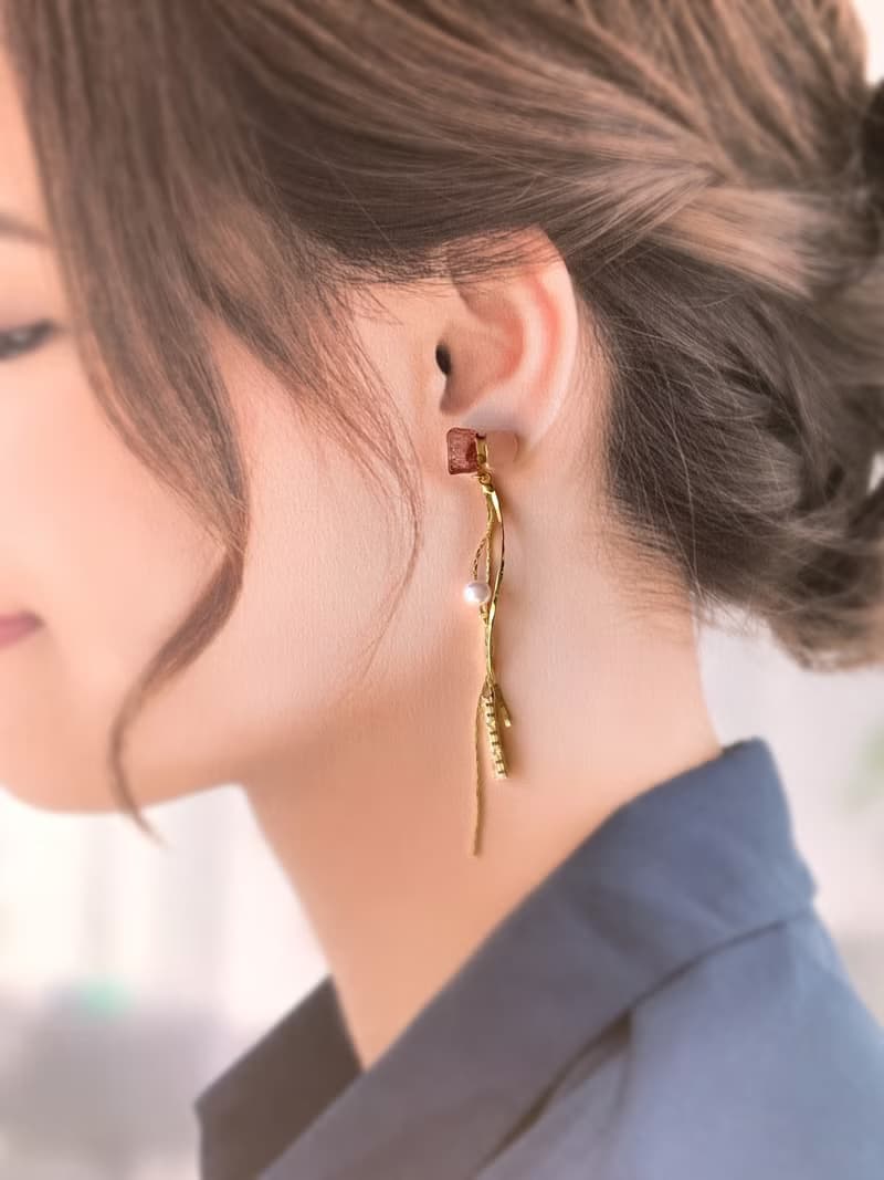 揺れる ジルコニア パール チャーム 天然石 金継ぎ ピアス ノンホールピアス ピンクエピトード ディープローズクォーツ ピンク ゴールド 金 華奢 華やか