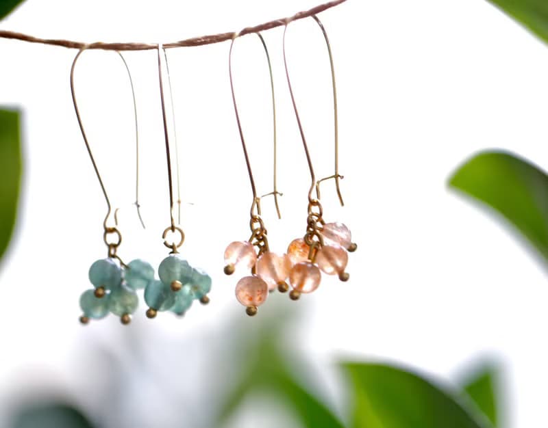 ||花火||金草莓晶/藍綠磷灰石/黃銅耳環 天然石飾品