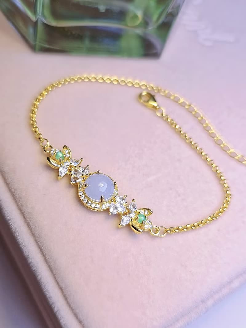 招財•貴人•桃花|夢幻冰紫|緬甸A貨翡翠純銀豪鑲花朵多顆手鏈