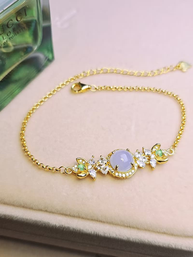 招財•貴人•桃花|夢幻冰紫|緬甸A貨翡翠純銀豪鑲花朵多顆手鏈