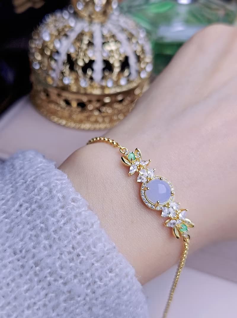 招財•貴人•桃花|夢幻冰紫|緬甸A貨翡翠純銀豪鑲花朵多顆手鏈