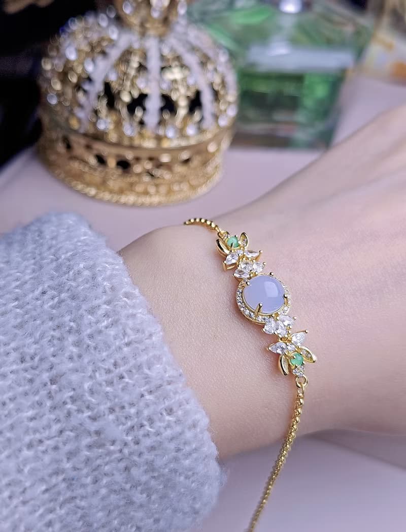 招財•貴人•桃花|夢幻冰紫|緬甸A貨翡翠純銀豪鑲花朵多顆手鏈