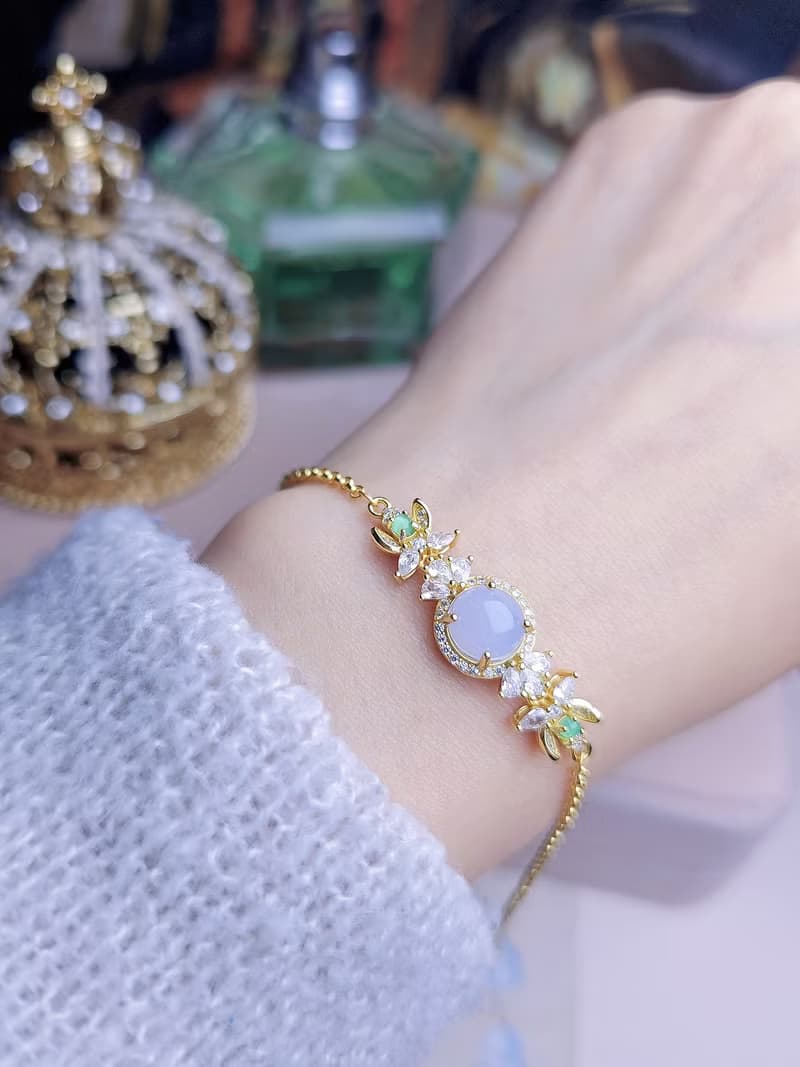 招財•貴人•桃花|夢幻冰紫|緬甸A貨翡翠純銀豪鑲花朵多顆手鏈