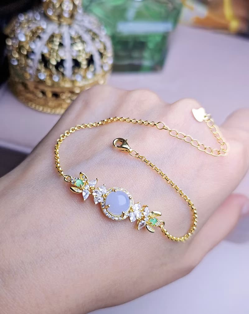 招財•貴人•桃花|夢幻冰紫|緬甸A貨翡翠純銀豪鑲花朵多顆手鏈