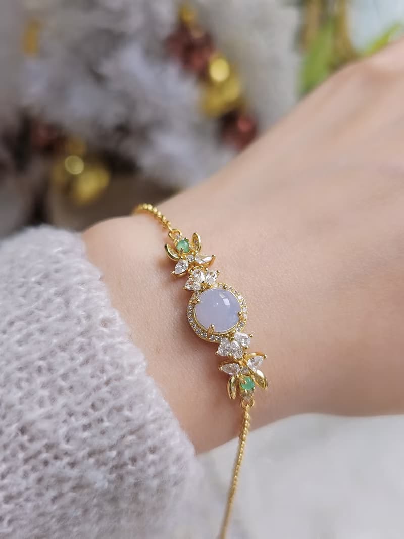 招財•貴人•桃花|夢幻冰紫|緬甸A貨翡翠純銀豪鑲花朵多顆手鏈