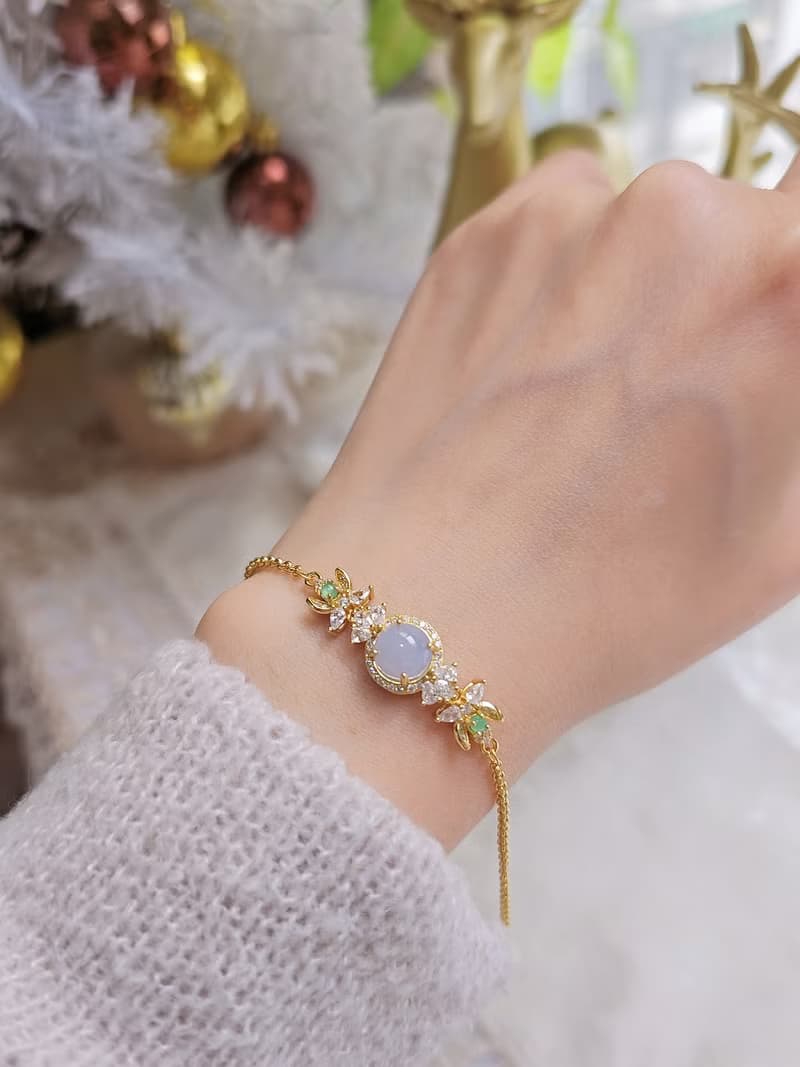 招財•貴人•桃花|夢幻冰紫|緬甸A貨翡翠純銀豪鑲花朵多顆手鏈