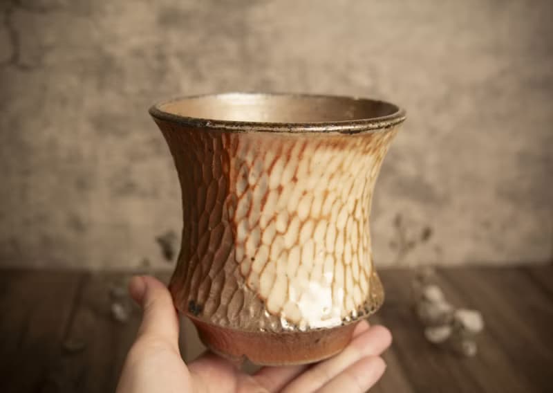 大盆∣柴燒盆缽∣手刻紋理、局部志野釉∣塊根多肉植物、手工作品