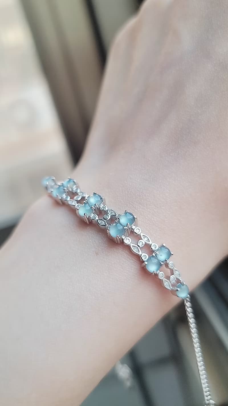 A貨翡翠淡天空藍杠蛋面3.8mm雙層純銀鍍18k白金鑲嵌手鏈