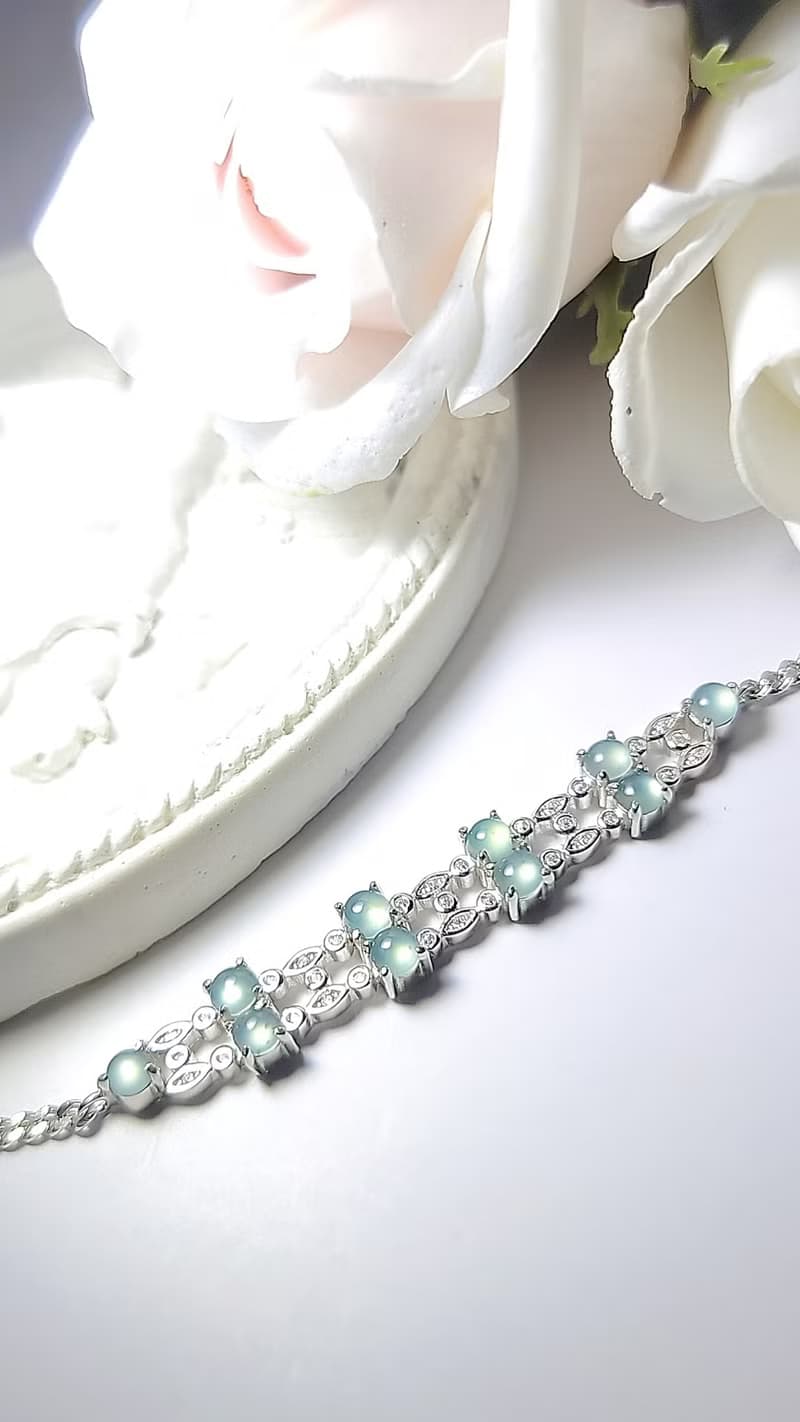 A貨翡翠淡天空藍杠蛋面3.8mm雙層純銀鍍18k白金鑲嵌手鏈