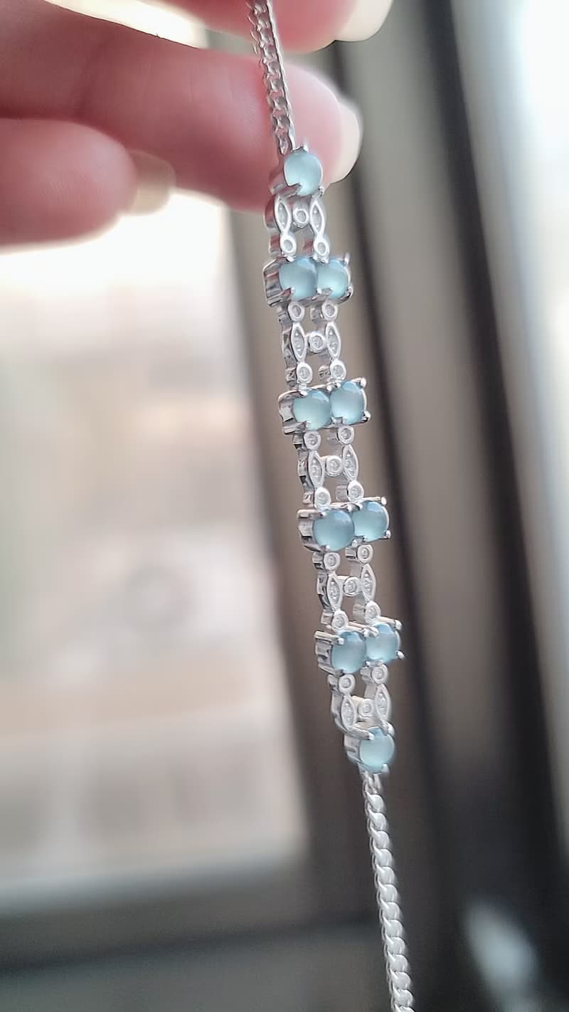 A貨翡翠淡天空藍杠蛋面3.8mm雙層純銀鍍18k白金鑲嵌手鏈