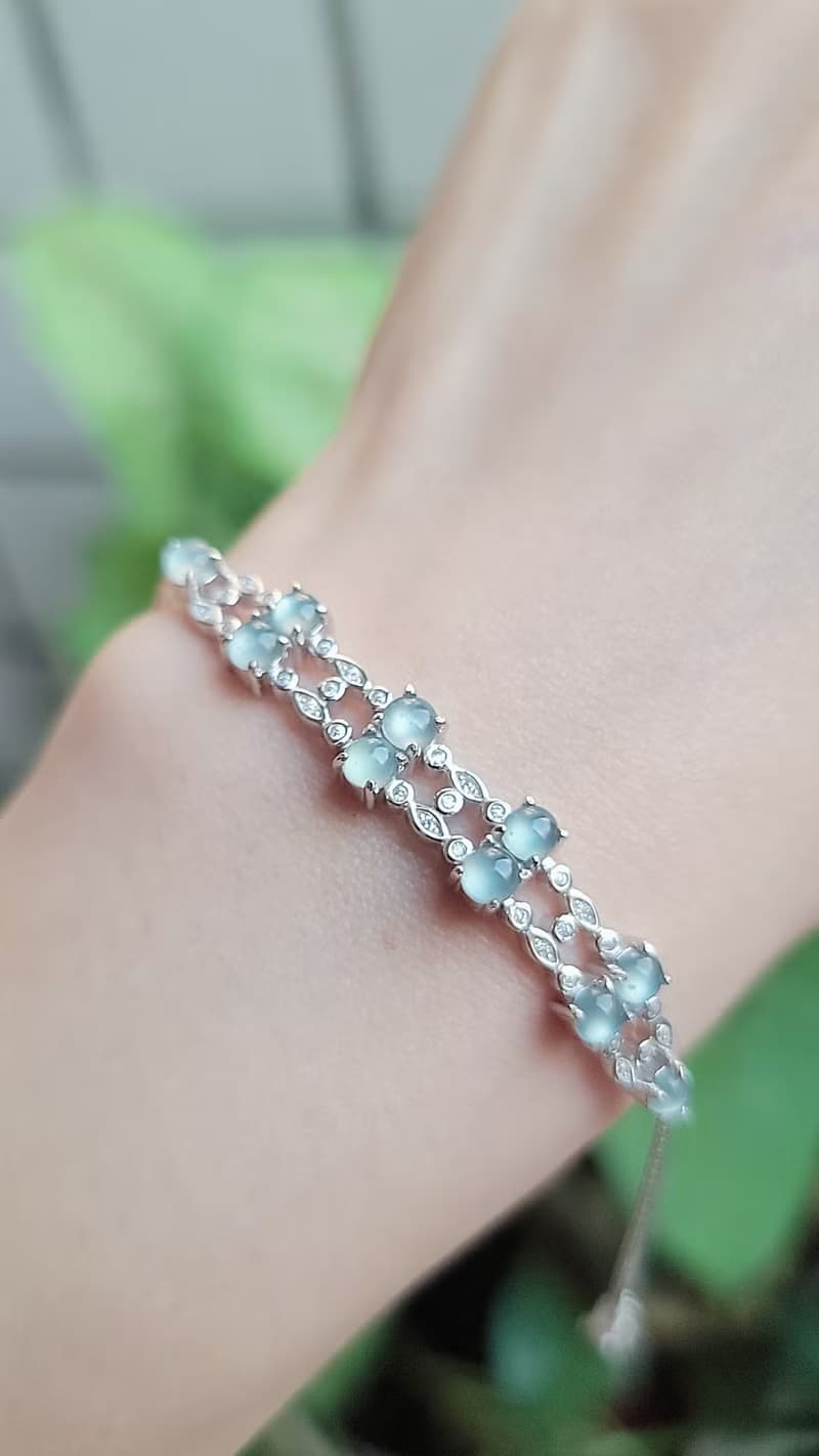 A貨翡翠淡天空藍杠蛋面3.8mm雙層純銀鍍18k白金鑲嵌手鏈