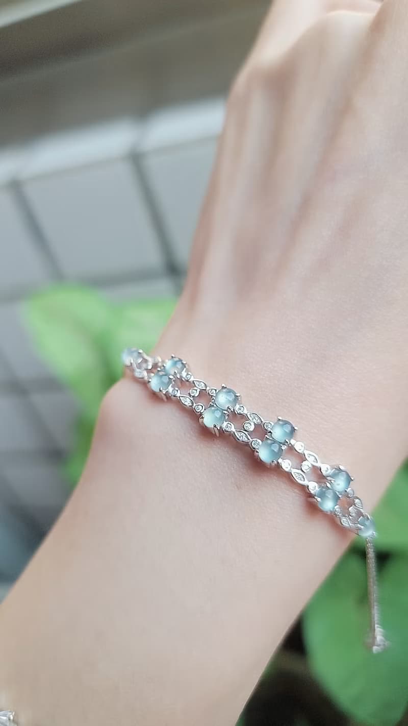 A貨翡翠淡天空藍杠蛋面3.8mm雙層純銀鍍18k白金鑲嵌手鏈