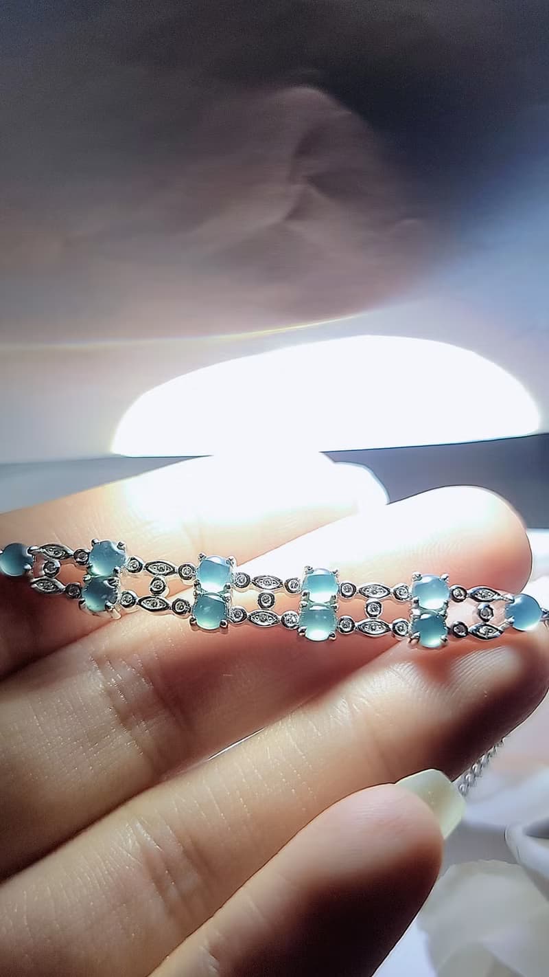 A貨翡翠淡天空藍杠蛋面3.8mm雙層純銀鍍18k白金鑲嵌手鏈