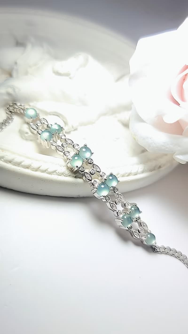 A貨翡翠淡天空藍杠蛋面3.8mm雙層純銀鍍18k白金鑲嵌手鏈