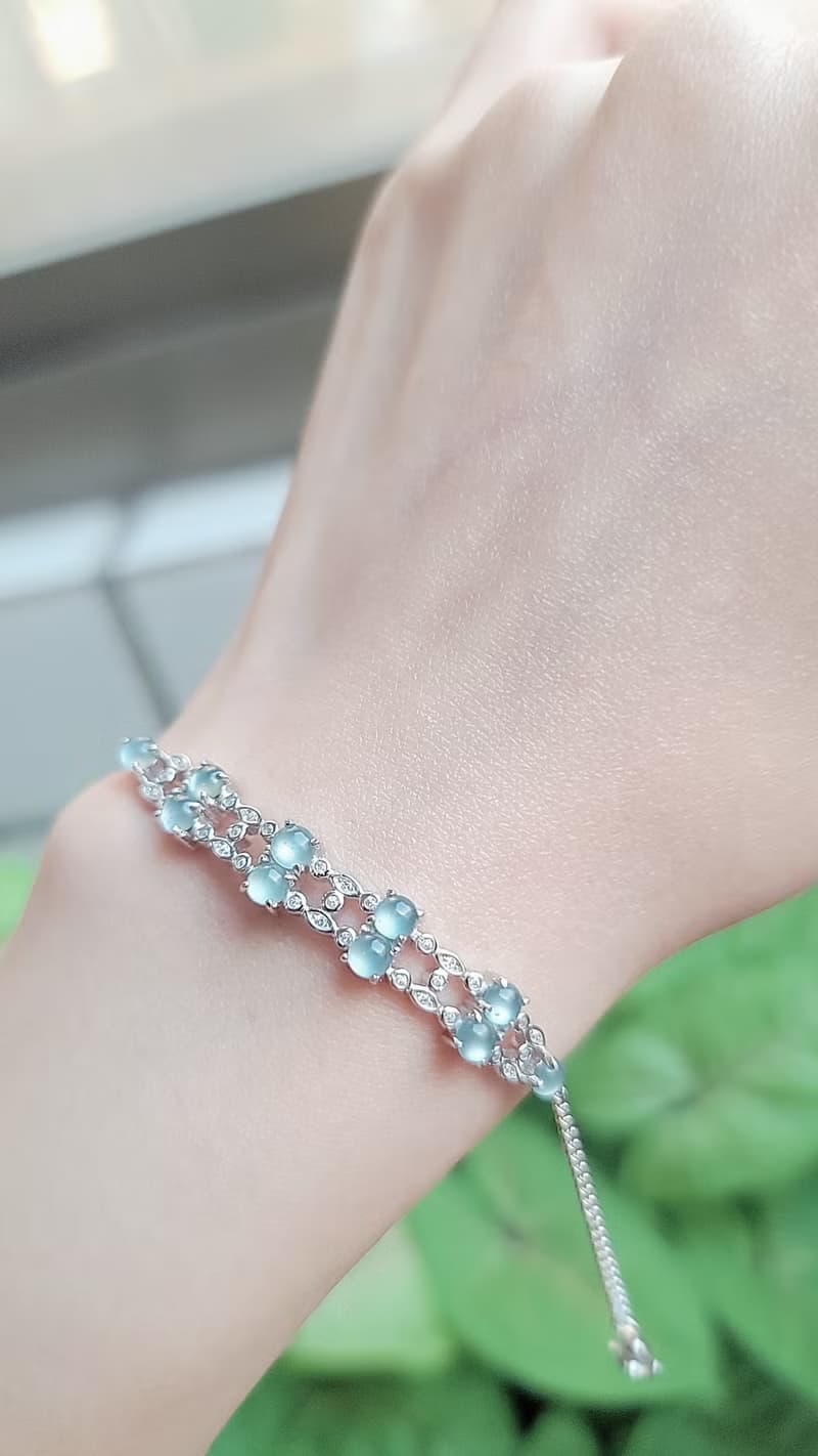 A貨翡翠淡天空藍杠蛋面3.8mm雙層純銀鍍18k白金鑲嵌手鏈