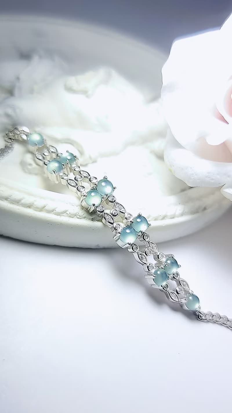 A貨翡翠淡天空藍杠蛋面3.8mm雙層純銀鍍18k白金鑲嵌手鏈