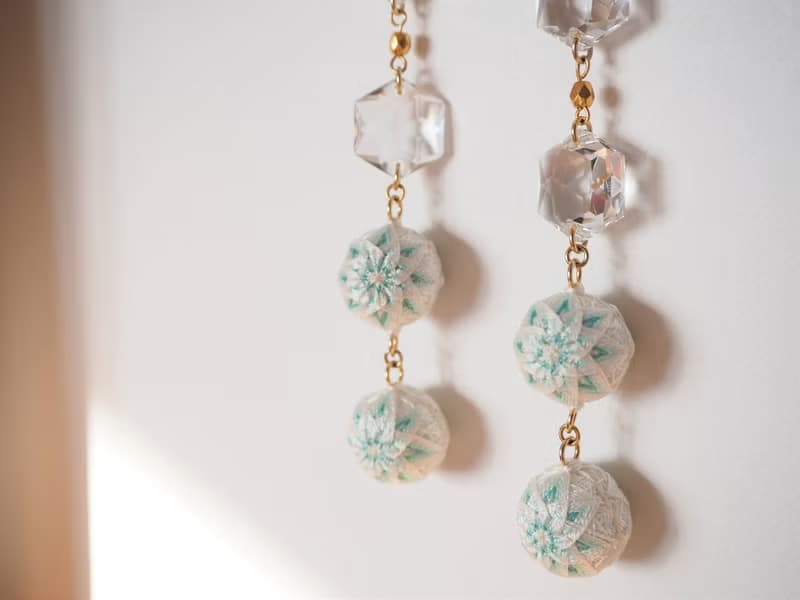 傳統工藝 手鞠球 刺繡 耳環 睡蓮 水晶  長鏈 綠 白色