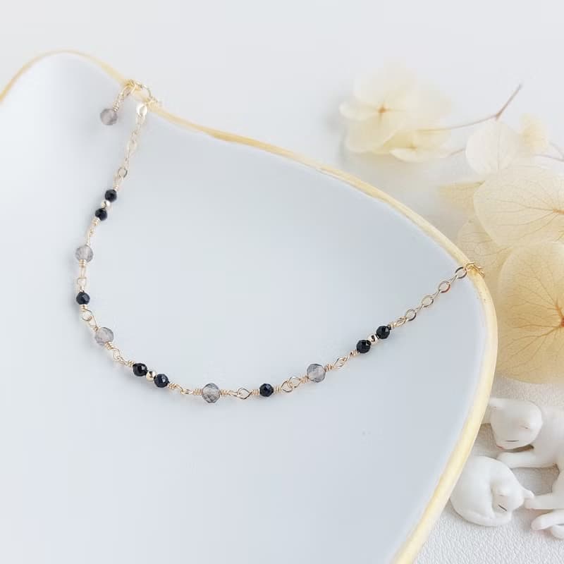 冰種黑曜石 + 黑尖晶石  x 14KGF手鍊