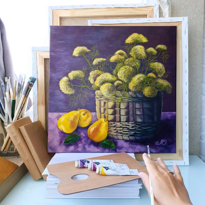 Pear Painting Still Life Art Wildflowers Bouquet Wall Art Canvas Oil Painting