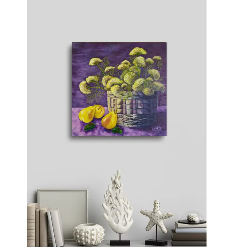 Pear Painting Still Life Art Wildflowers Bouquet Wall Art Canvas Oil Painting