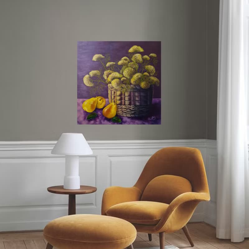 Pear Painting Still Life Art Wildflowers Bouquet Wall Art Canvas Oil Painting