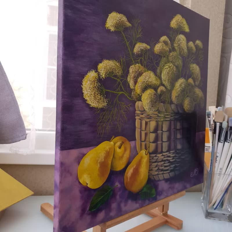 Pear Painting Still Life Art Wildflowers Bouquet Wall Art Canvas Oil Painting