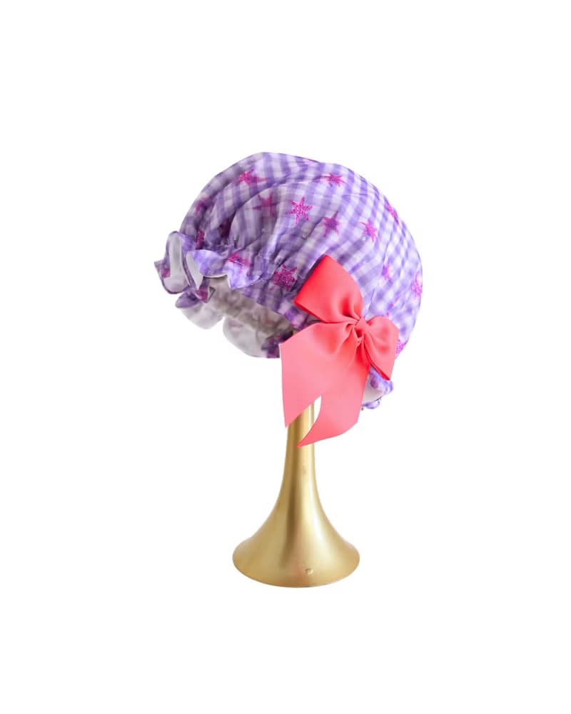 kids【2〜7歳】日本製洗えるシルクのナイトキャップ  Tinker Purple リボン　生日禮物 星柄　パープル　ギンガムチェック