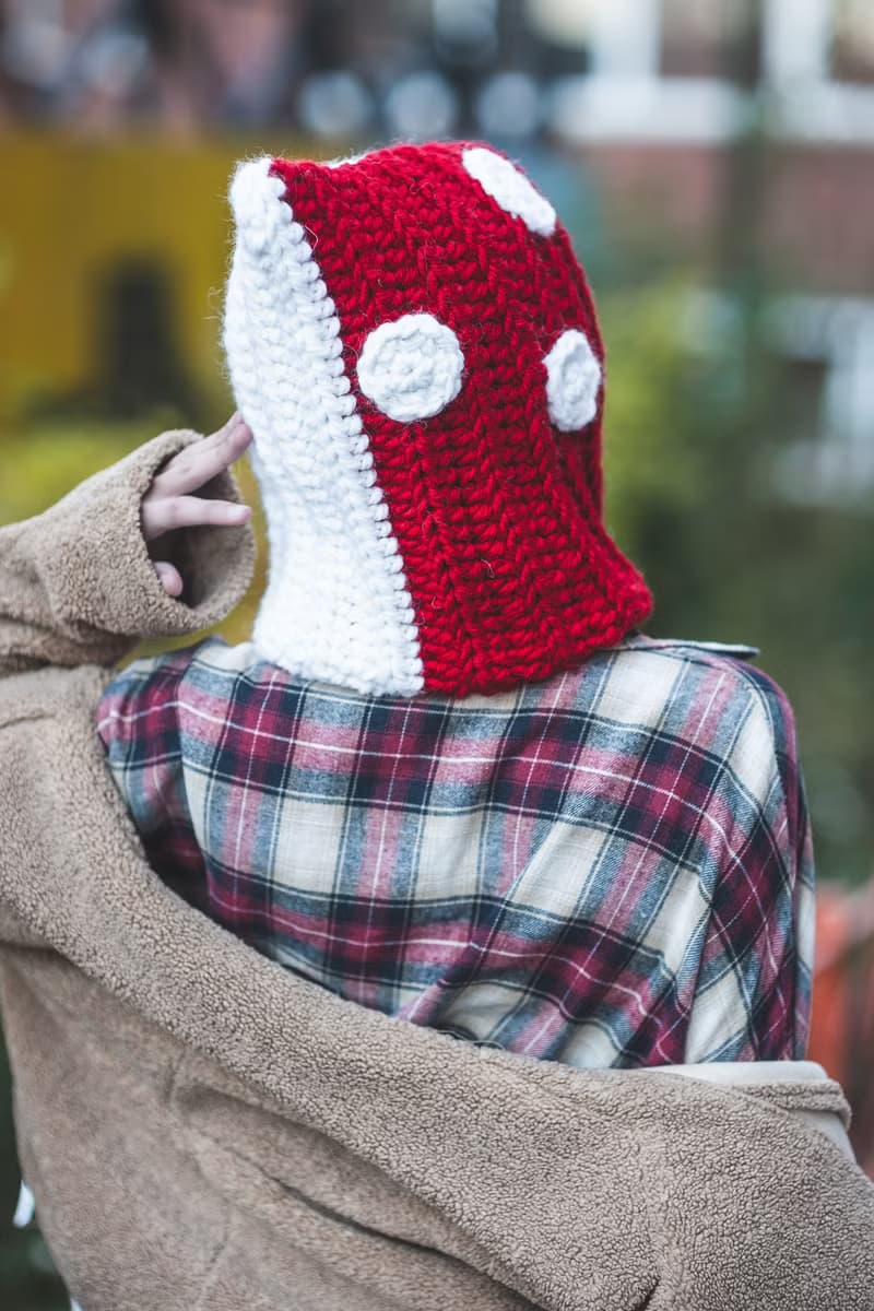 Toadstool pointed hat, Red amanita mushroom hat, Crochet mushroom hooded cowl